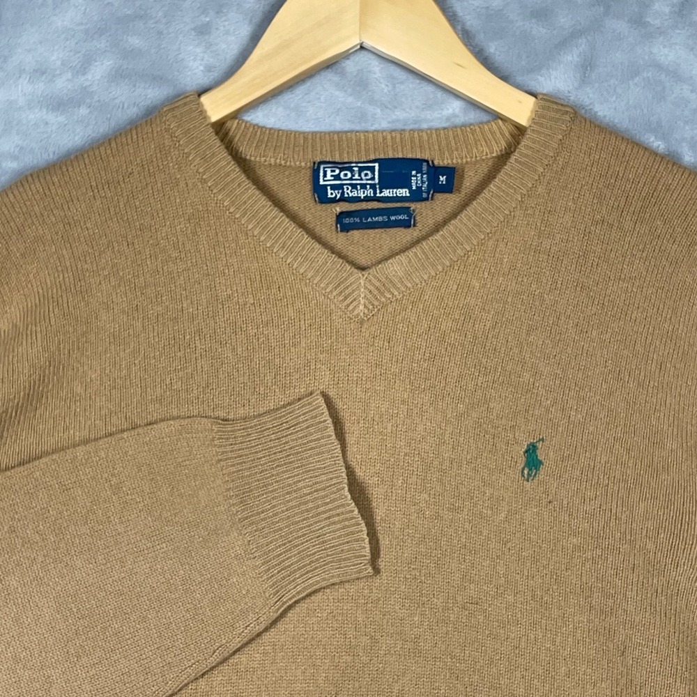 Polo Ralph Lauren Mens V-Neck Sweater M 100% Lambswool Camel Brown Green Pony